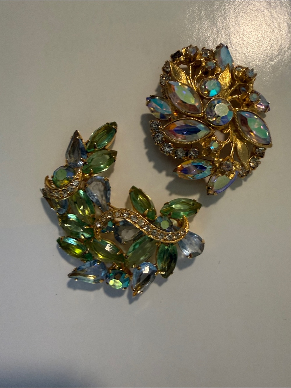 Set 2 Gold-tone Green and Blue Crystal Leaf Cluster Brooches